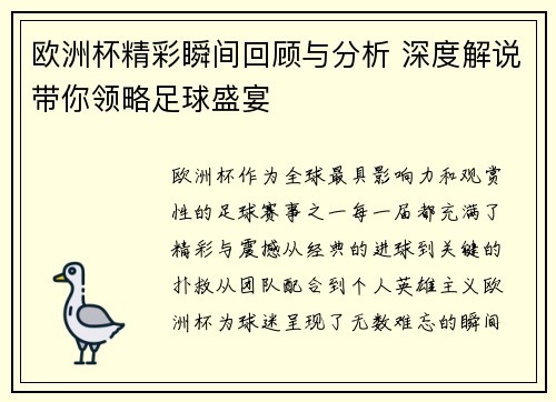 欧洲杯精彩瞬间回顾与分析 深度解说带你领略足球盛宴 欧洲杯精彩瞬间回顾与分析 深度解说带你领略足球盛宴