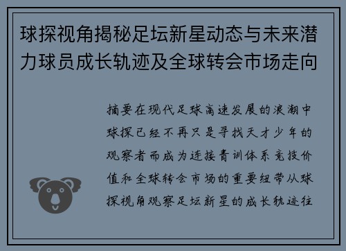 球探视角揭秘足坛新星动态与未来潜力球员成长轨迹及全球转会市场走向